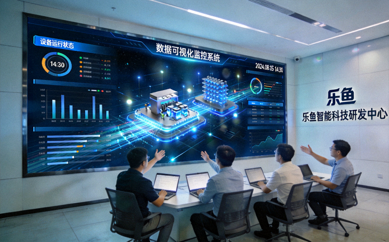 乐鱼智能科技研发中心数据可视化大屏与工程师工作场景